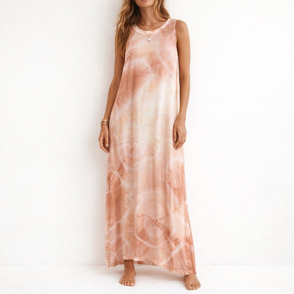 LACAUSA Dad's Shirt Summer Dress Sheer Tie Dye Maxi Oversized Boho Minimalist